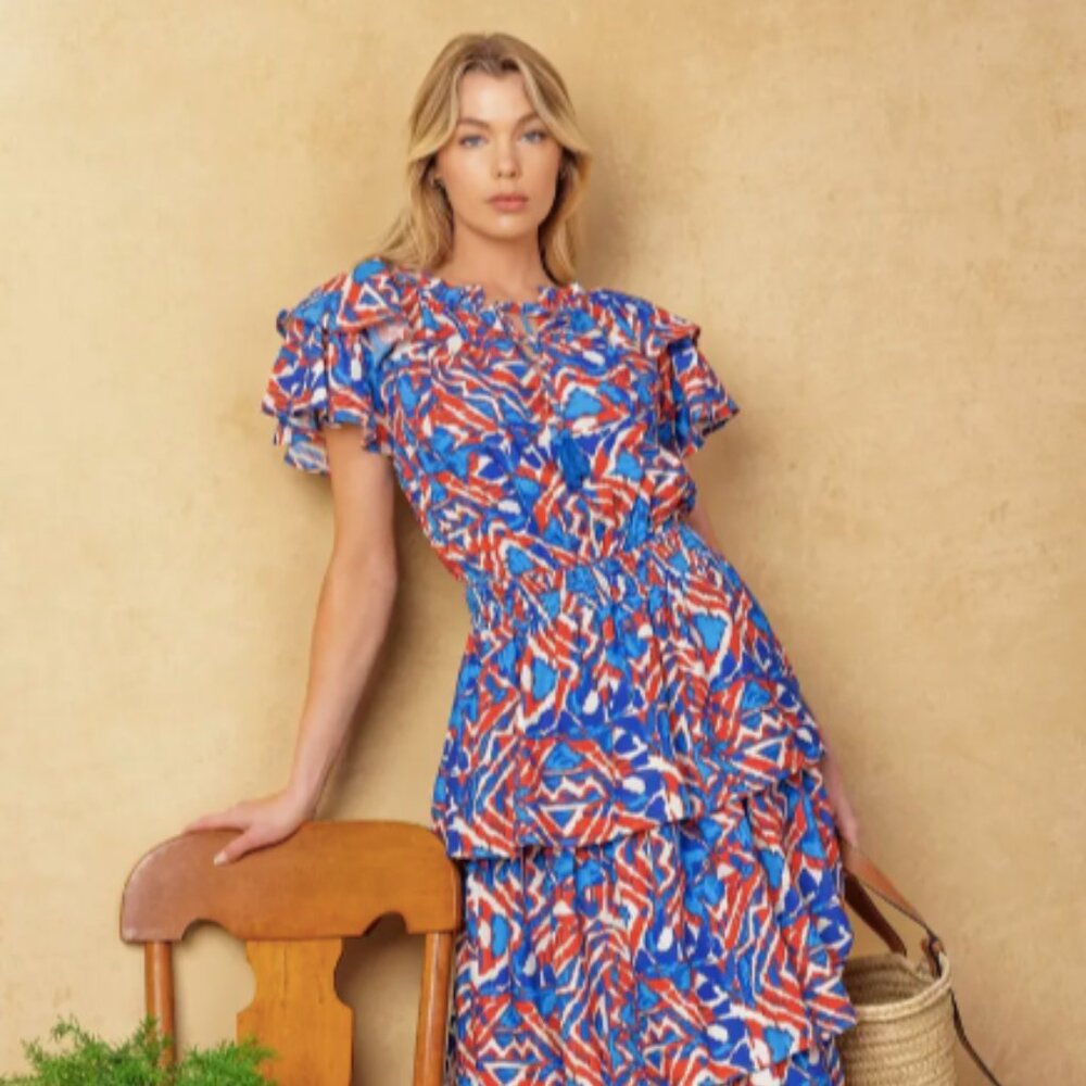 Flying Tomato Ruffle Short Sleeve Tiered Midi Dress